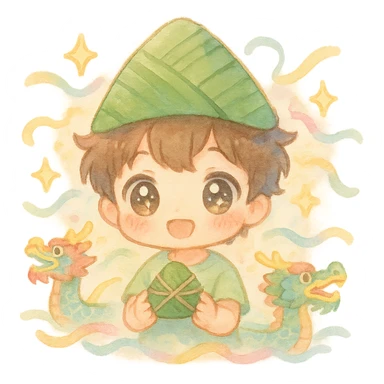 cute chibi boy with sparkling eyes, rice dumpling hat, holding a mini zongzi, surrounded by dragon boats, ribbons, star sparkles, pastel watercolor, fluffy soft lines sticker
