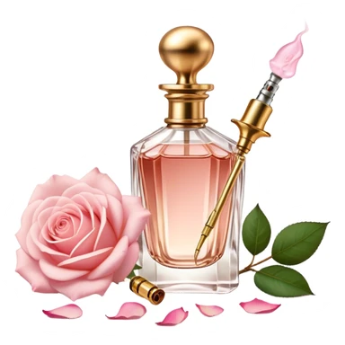 A vintage perfume bottle with a golden atomizer, surrounded by soft pink rose petals. sticker