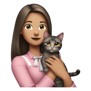 Brunette girl with straight hair in a pink blouse, holding a gray, striped, brown-eyed cat with a bow in her arms sticker