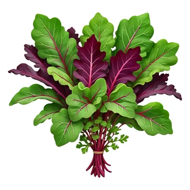 mesclun salad mix small cluster of baby leaves arugula spinach red chard frisée oak leaf lollo rosso varied shapes greens purples reddish veins delicate edges curls natural irregularities fresh soft highlights no water drops 3D clean minimal soft shadows transparent background emoji scale sticker