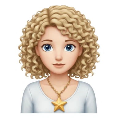 Very white woman, with blue/grey eyes, straight brown hair that is a little bit blonde and the tips are curly, cute white outfit, star neckless sticker