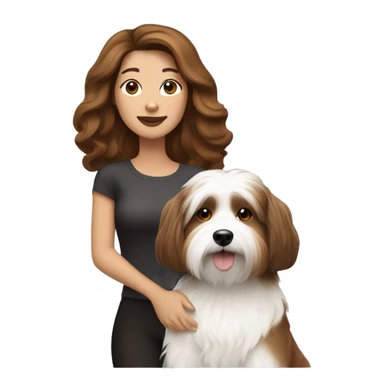 caramel skinned middle aged woman with brown hair, with black+white havanese dog sticker