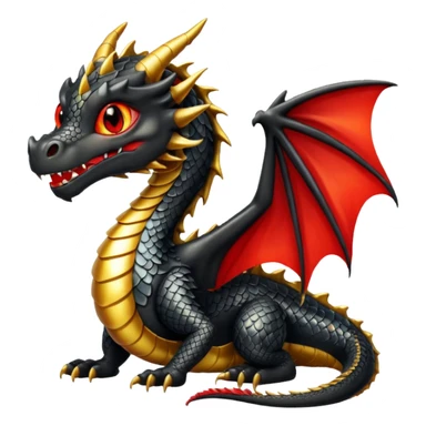The image depicts a dragon resembling the dragon symbol from ancient Japanese mythology, combining the colors gold and black. It is bright and shiny, with clear colors, and the background of the image is transparent. The dragon embodies these colors, has red eyes, and is complete. sticker