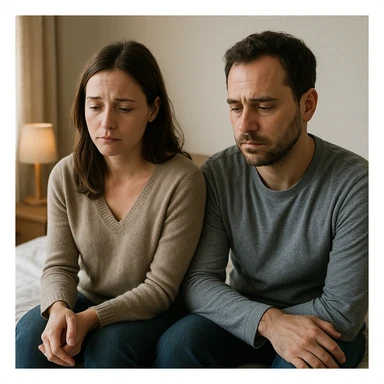 realistic image of a sad couple sitting together in a home or bedroom setting, both looking disappointed and distant, conveying a respectful and sensitive tone, no explicit details sticker