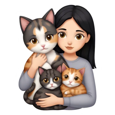 girl with black hair hugging three cats  (tortie cat, gray cat, brown calico cat) sticker