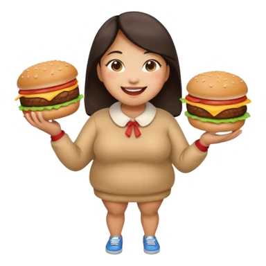n create a humongous asian girl with 2 burgers and a cookie in her mouth, she is super fat, please make her a full body emoji sticker
