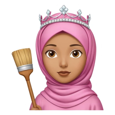 girl caramel skin wearing pink hijab a cream satin set and a tiara on top of her head she is standing holding a broom sticker