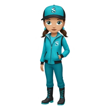 A landscaper in a beautiful turquoise jacket with long sleeves and turquoise boots, black pants, and a black sleeveless shirt. On his head is a black Swissotel baseball cap. The girl is a brunette with blue eyes. sticker