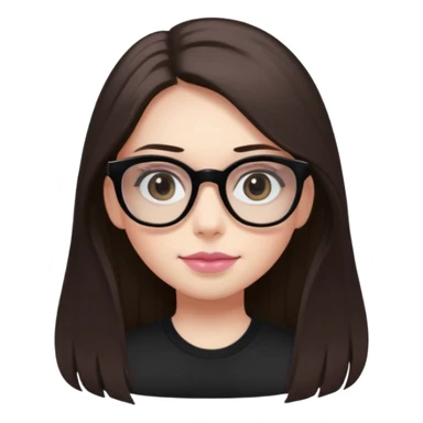 The girl with dark straight long hair, with divided in the middle hairstyle, white skin, black eyes, wearing black shirt and tortoise framed glasses. The mounth is light old pink, with light smile with no teeth. sticker