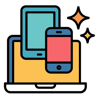 stack of technology devices laptop smartphone tablet with sparkles, representing tech tips, flat modern icon style sticker