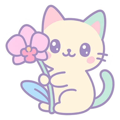 cat holding an orchid, kawaii style sticker