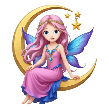 Beautiful realistic, flower, fairy, pink, blue, purple, long hair, big wings with blue eyes sitting on a half moon sticker