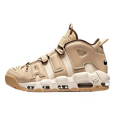 Minimalist pair of beige Nike Air More Uptempo sneakers side by side, clean simple design with AIR lettering on sides sticker
