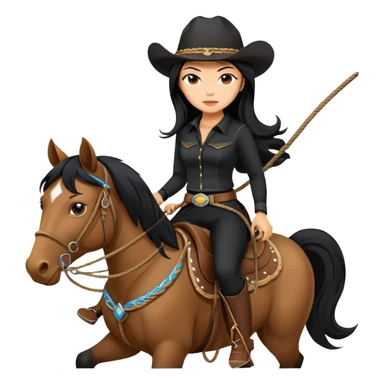 confident Asian woman with long black hair wearing black outfit riding a horse cowgirl style with a lasso sticker