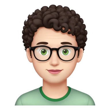 Young man with dark brown curlier poofy hair (same style but more curls), green eyes wearing glasses, wide face with eyes set apart, bigger ears, very pale skin, slightly bigger nose, fuller darker pink lips with a smile, and very light stubble sticker