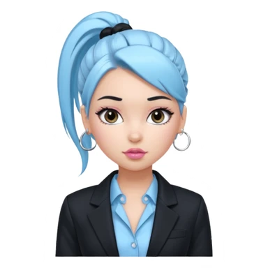 generate a pretty bratz girl wearing a light blue full sleeve shirt and a black blazer over it. silver small hoops, pink lipgloss. black hair tied up in a ponytail sticker