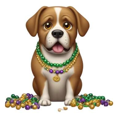 Crying fat dog with Mardi Gras beads eating chocolate sticker