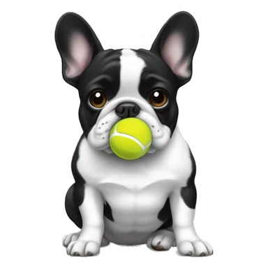 Frenchie black & white with a tennis ball sticker