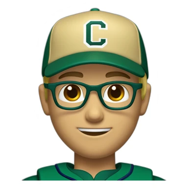 Blonde male short hair with glasses Dark green baseball uniform with hat Blue eyes and with "C" on the dark green hat. make the style slightly 3D with a diagonal angle. Crop from shoulders up sticker