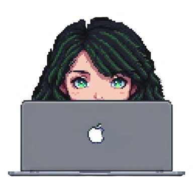 close-up of a girl's face peeking over a MacBook, pixel art style sticker