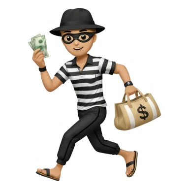 Make a man wear a black pant and he shirt is balck line and white line and wear a black hat and he holding a money bag and he running he wear a black eye thing no money in the Left hand and he yellow and the money bag in the right he wear a flip flop like this is Money bag 💰 sticker