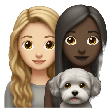 White Girl with brown long straight hair, holding a dark gray maltipoo with a white snout sticker