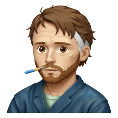 an gogh paints on a canvas. On his right ear he has a bandage sticker