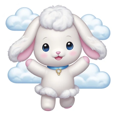 Cinnamon roll from sanrio dancing in the clouds that looks just like him from the cartoon blue eyes pink cheeks white body and filled with cuteness sticker