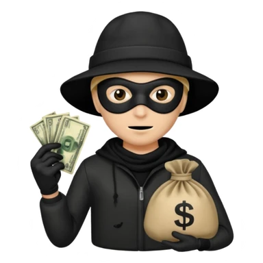 A emoji of a person wearing a robber outfit and a black hat and a black mask and a Money Bag sticker