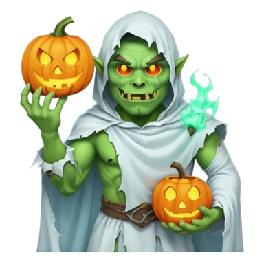 male orc warrior ghost emoji, green skin, wearing torn white ghost sheet costume, holding glowing jack-o'-lantern, faint blue aura, friendly but spooky expression, Halloween fantasy theme, Apple emoji style, clean white background, square sticker