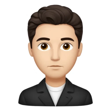 He’s a man with light to medium skin, a defined oval face, full brows, deep-set eyes, and wavy short dark brown tall tall hair styled with height, sides are trimmed. expression calm and focused relaxed black open-collar .polished, articulate, and coach vibe. sticker