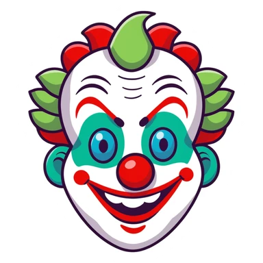 clown with green dreadlocks blue diamond shape eyes, red nose, and big red smile sticker
