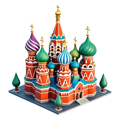 Isometric illustration of photorealistic Saint Basil's Cathedral with colorful onion domes, highly detailed in semi-realistic style, sharp outlines, subtle surface textures, balanced between stylized and realistic, 3D miniature effect with a slight hand-painted touch, no cartoonish look. sticker