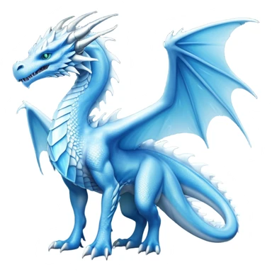Cinematic Noble elegant Ice Dragon full body Emoji, Poised and imposing, distinct long elegant snout, with a slender, scaled body shimmering in glacial hues of icy blue, frostbitten silver, and crystalline white, breathing out frost, with piercing, glowing eyes that radiate the chilling depths of an arctic storm; rendered in detail. displaying its wings sticker