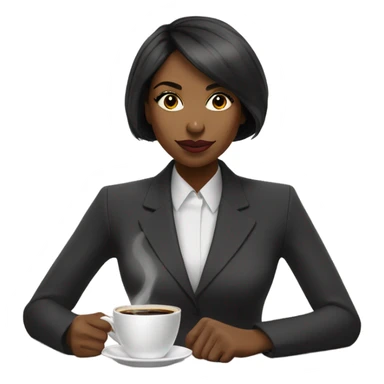 Cute black woman with a bob haircut in a power suit, sipping coffee with the word January behind her sticker