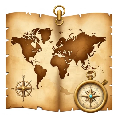 Brown golden map with Travel compass pointing to adventure sticker