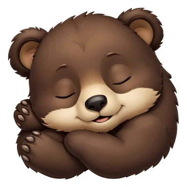 Meme-Worthy Cute Sleeping bear cub Portrait Emoji, Head resting peacefully with a contented smile, showcasing a massive, robust build and a luxuriously soft dark brown fur, eyes shut in a serene, restful nap, Simplified yet hilariously adorable features, highly detailed, glowing with a soft, drowsy light, high shine, relaxed and utterly lovable, stylized with an air of playful laziness, bright and heartwarming, soft glowing outline, capturing the essence of a comically sleepy bear cub, so meme-worthy it feels like it could instantly become the next viral sensation of adorable slumber! sticker