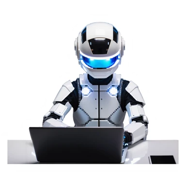 futuristic tech boy wearing a sleek robot helmet with a glowing white circle light in the center, sitting in front of an advanced high-tech laptop, neon-lit cyberpunk room with holographic displays and gadgets, focused posture, soft reflections on helmet, mysterious atmosphere sticker