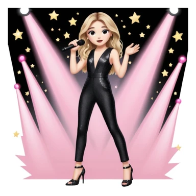 Sabrina carpenter singing at concert wearing a black sparkle jumpsuit and black sparkle heels. There is a huge crowd and light pink stage setting  sticker