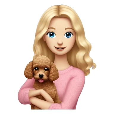Pretty blue eyed white girl with blonde hair in a pink sweater holding a brown toy poodle sticker