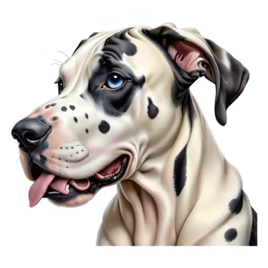 Cinematic Cute Yawning Harlequin Great Dane Portrait Emoji, Head tilted slightly with a dramatic, wide-open yawn, showcasing a smooth coat of predominantly white with bold black patches, floppy ears slightly drooping, round blue eyes barely open in drowsy contentment, Simplified yet irresistibly adorable features, highly detailed, glowing with a soft, cozy glow, high shine, relaxed yet expressive, stylized with a touch of whimsy, bright and endearing, soft glowing outline, capturing the essence of a sleepy yet affectionate guardian, so drowsy it feels like it could stretch out of the screen and curl up for a nap! sticker