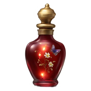 Dark red magic fairy light sparkling old Antique oil perfume bottle with herbal and flowers sticker