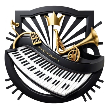 Create an elegant and festive emoji collage representing keyboard instruments, styled like a heraldic emblem. The design should feature a central focal point of black and white piano keys, arranged in a semi-circular or shield-like shape. Around the piano keys, add intertwining musical notes that form flowing ribbons, creating a dynamic and celebratory atmosphere. The design should be professional, with polished silver and gold accents on the keys and notes, highlighting the luxury and sophistication of the instruments. Add subtle shading and lighting effects to give the design a refined, 3D appearance. The background should remain transparent, and the overall feel should evoke grandeur, artistry, and a sense of celebration. sticker