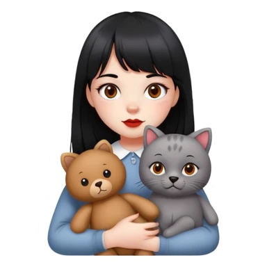 girl,white face,black eyes,red cheeks,a dot on the bam,long black hair with bangs,holding a British grey cat and a brown teddy bear sticker