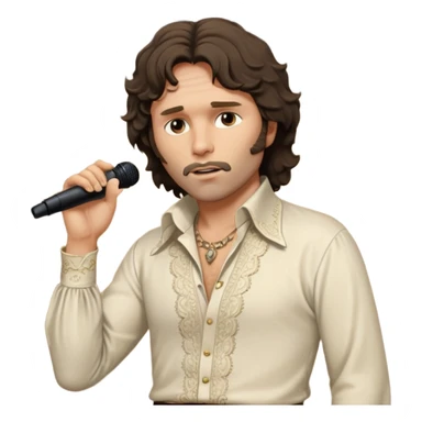 solarpunk realistic ultra HD - unkempt, shaggy with big sideburns Jim Morrison in an ivory Victorian shirt, in an trance dramatic pose, sings on stage sticker