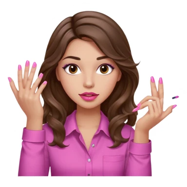 girl with long wavy brown hair, brown eyes, light to medium complexion, in a pink shirt, pink lips, long lashes, puckered lips, showing off painting long nails sticker
