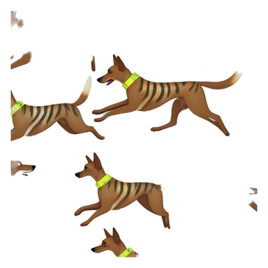  brindle brown black maroon striped lurcher Alsatian fox running blue eyes and iridescent holographic oilslick harness wearing paper iridescent tropical flower crown yellow caution tape sticker