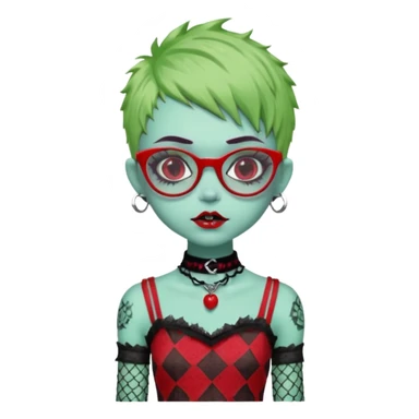 White hair, Ghoulia yelps monster high doll in scene/emo style cherry print dress with fishnet sleeves, clothes, thin, small, red, rectangle glasses, pale white-blue skin, pale-green shaggy pixie-cut , zombie scars , boy, punk choker sticker