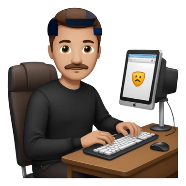  man with mustache, brown hair, 33years old, shirt, high temple Black pullover with a white shirt underneath and black fabric trousers work with couputer sticker