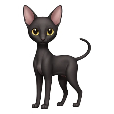 A 3D cartoon black Oriental Shorthair cat with sleek body, tall ears, reflective fur, dark cinematic background, Memoji-style. full body or half body. sticker